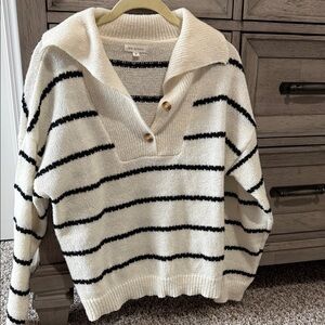 Blu Pepper Cream and Black Striped V-Neck Button Pullover